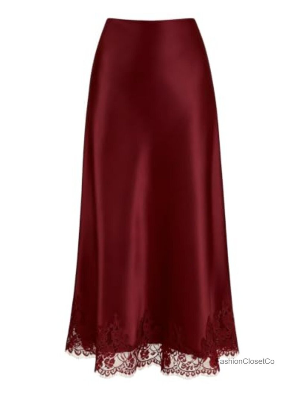 Lace Trim Satin High Waisted A-Line Midi Skirt